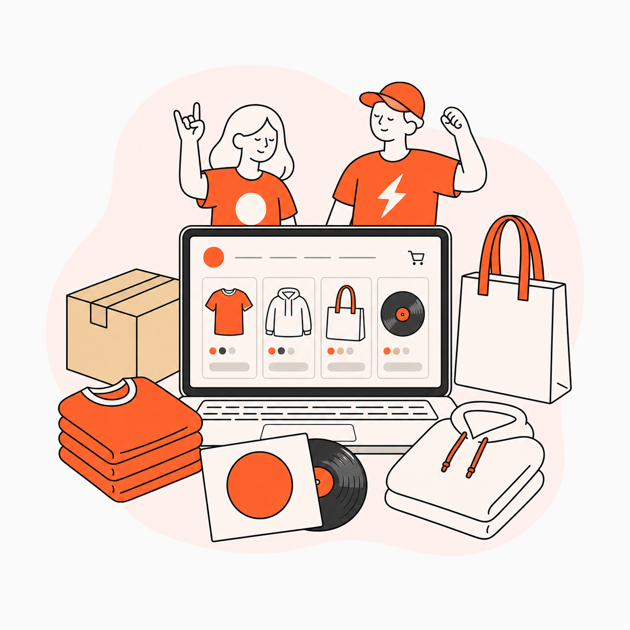 Online merch store pro kapelu s tričky, mikinami, taškou a objednávkami fanoušků