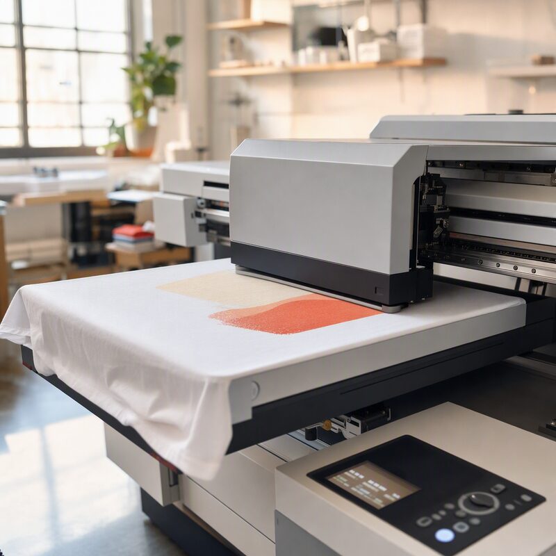 A DTG printer printing a design directly onto a cotton t-shirt