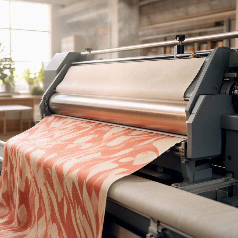 A sublimation calender fusing colour into polyester fabric