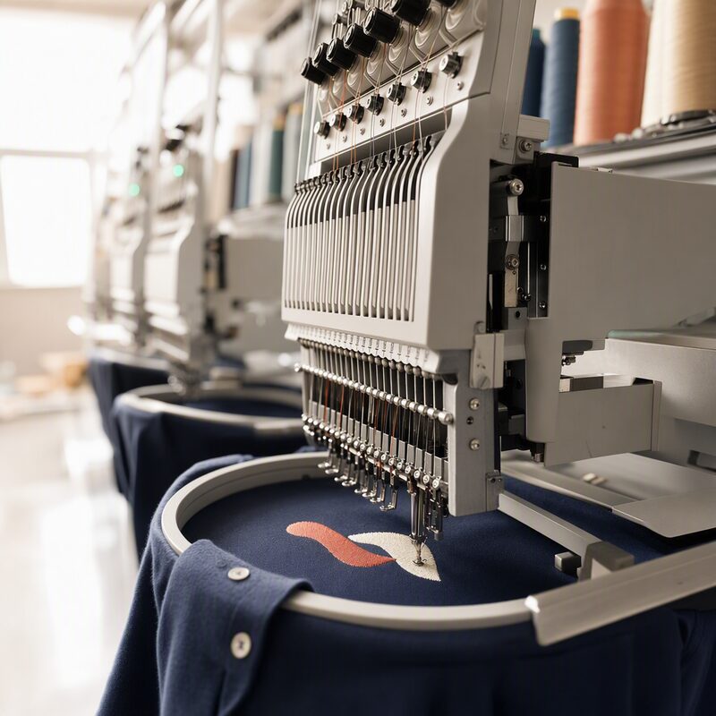 An embroidery machine stitching a logo onto a polo shirt